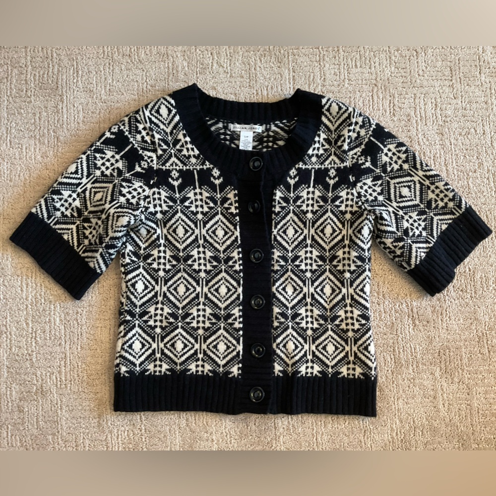 Vintage 100% Lambswool Black Cream Cardigan Sweater S EUC Old Money Quiet Luxury